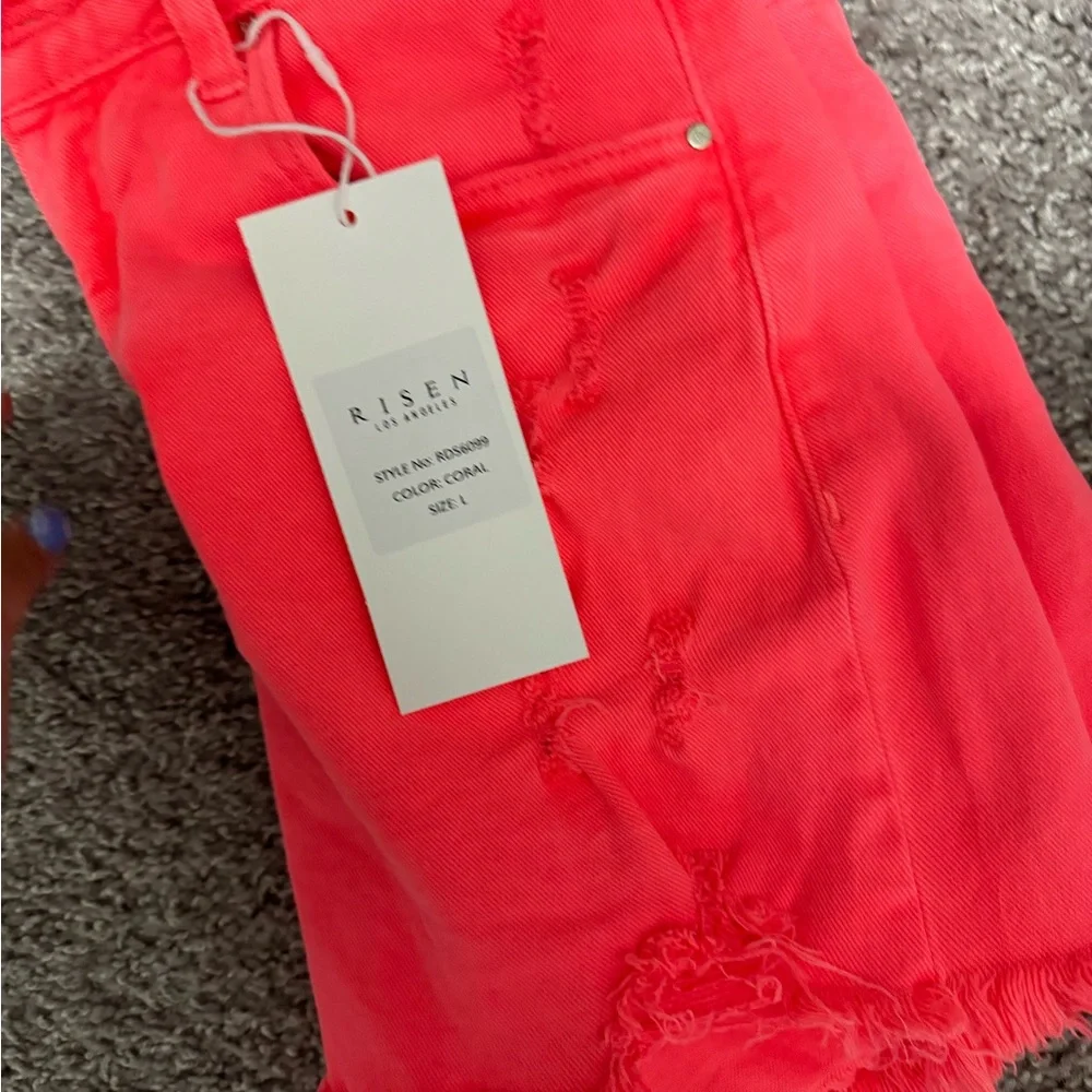 TEAGAN HIGH-RISE DISTRESSED DENIM SHORTS (NEON CORAL) - Picture 5 of 5